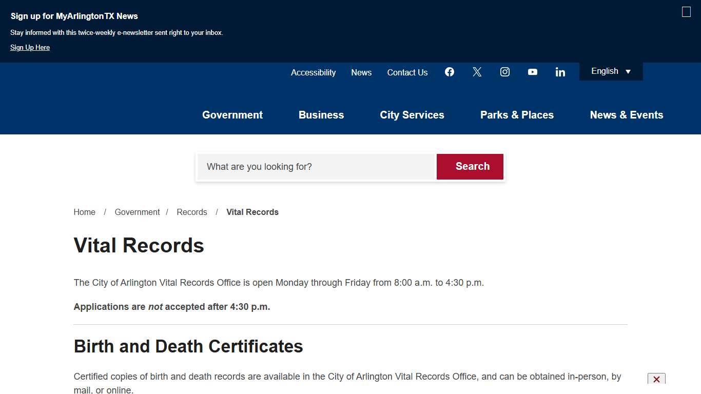 Vital Records City of Arlington, TX
